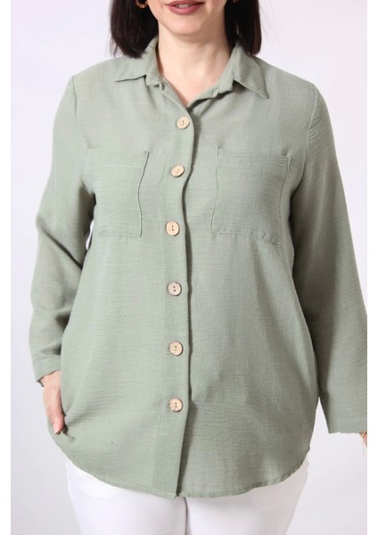 MYB-077 Mint Yeşili Pamuk Keten Kolu Apoletli Iki Cepli Kadın Büyük Beden Gömlek modelleri