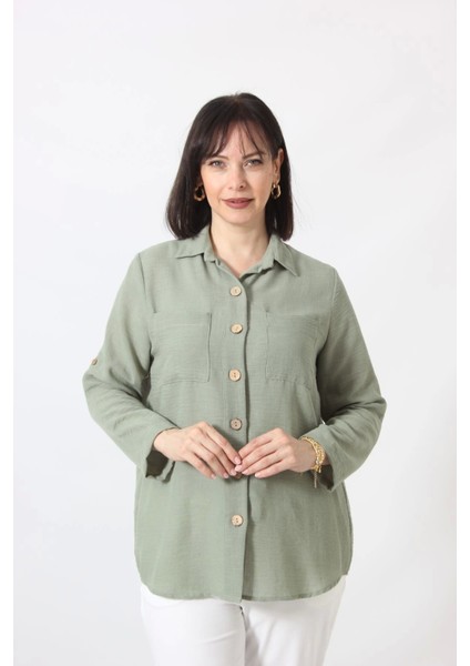 MYB-077 Mint Yeşili Pamuk Keten Kolu Apoletli Iki Cepli Kadın Büyük Beden Gömlek indirimleri