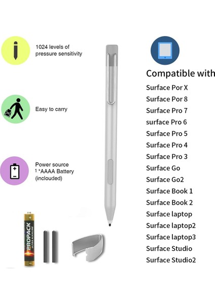 P303 Microsoft Surface Pro 4/5/6/go 2 Kalem Yüksek Hassasiyetli 1024 Basınç Seviyesi Çizim Yazma Aktif Kapasitif Kalem-Siyah (Yurt Dışından)