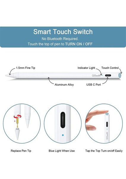 Qgeem ID706 Aktif Kapasitif Kalem iPad 9.7 Inç (2018)/IPAD 10.2 (2019)/(2020)/IPAD Air 10.5 Inç (2019)/(2020) Ince Uçlu Stilist Kalem Dijital Kapasitif Çizim Kalemi-Beyaz (Yurt Dışından) modelleri