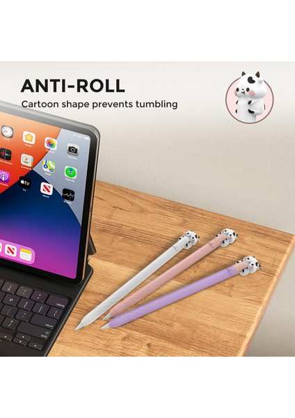 Ahastyle PT129-1 Apple Pencil (1. Nesil) Stylus Kalem Kapağı Karikatür Hayvan Silikon Koruyucu Kılıf-Beyaz Inek (Yurt Dışından)
