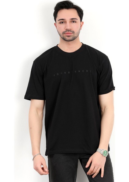 Erkek Bisiklet Yaka Marka Baskılı %100 Pamuklu T-Shirt Siyah - 2271-6