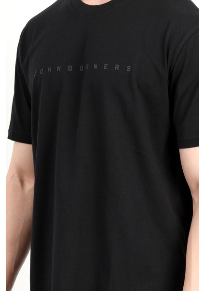 Erkek Bisiklet Yaka Marka Baskılı %100 Pamuklu T-Shirt Siyah - 2271-6