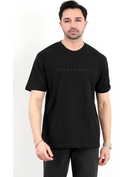 Erkek Bisiklet Yaka Marka Baskılı %100 Pamuklu T-Shirt Siyah - 2271-6