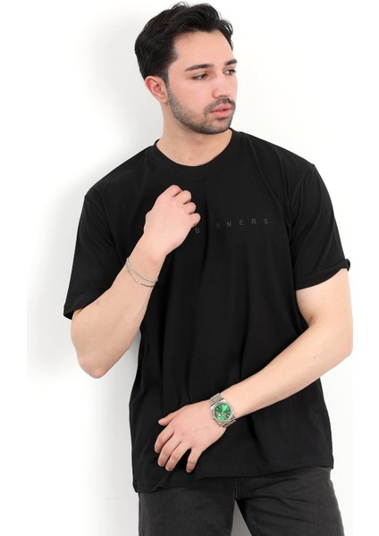 Erkek Bisiklet Yaka Marka Baskılı %100 Pamuklu T-Shirt Siyah - 2271-6