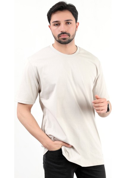 Erkek Bisiklet Yaka Basic Pamuklu T-Shirt Bej - 2271