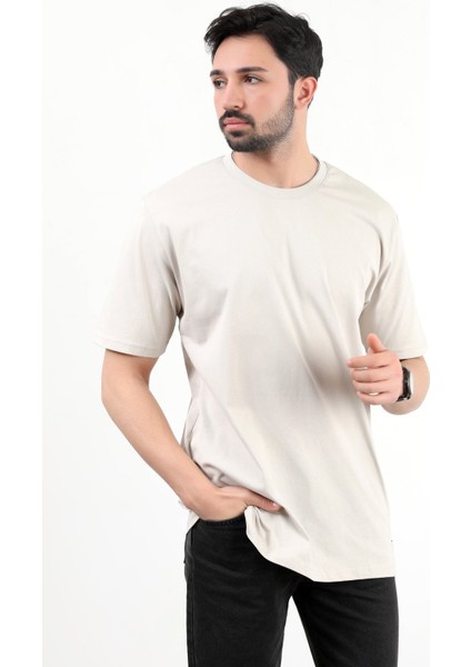 Erkek Bisiklet Yaka Basic Pamuklu T-Shirt Bej - 2271