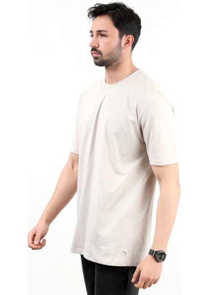 Erkek Bisiklet Yaka Basic Pamuklu T-Shirt Bej - 2271