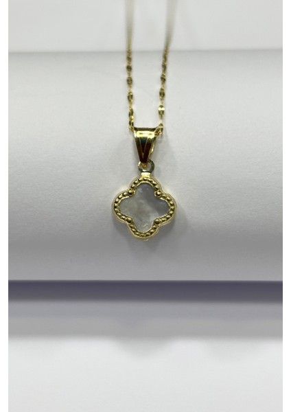 14 Ayar Altın Beyaz Sedefli Taşlı Yonca Kolye modelleri