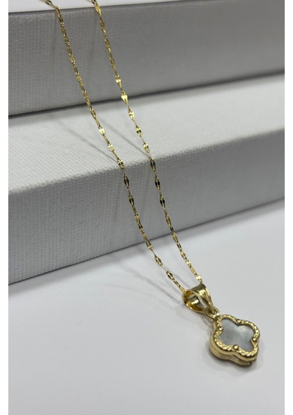 14 Ayar Altın Beyaz Sedefli Taşlı Yonca Kolye indirimleri