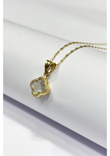 14 Ayar Altın Beyaz Sedefli Taşlı Yonca Kolye