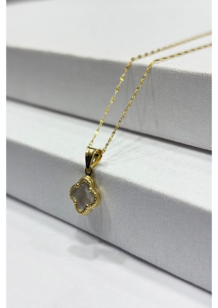 14 Ayar Altın Beyaz Sedefli Taşlı Yonca Kolye