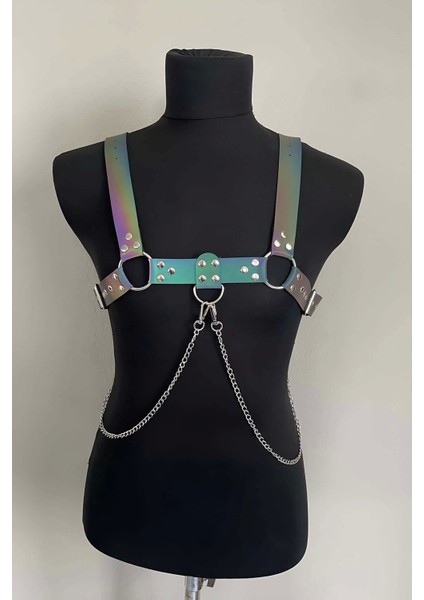 Rainbow Reflektörlü (Karanlıkta Parlayan) Zincir Detaylı Şık Erkek Göğüs Harness, Reflektörlü Clubwear M