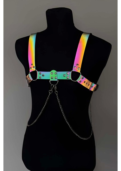 Rainbow Reflektörlü (Karanlıkta Parlayan) Zincir Detaylı Şık Erkek Göğüs Harness, Reflektörlü Clubwear M fiyatları