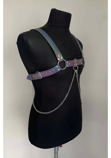 Rainbow Reflektörlü (Karanlıkta Parlayan) Zincir Detaylı Şık Erkek Göğüs Harness, Reflektörlü Clubwear M modelleri