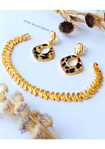 Küpe Sallantılı Leopar ve Bileklik Yaprak Altın Kaplama 316 L Çelik 2'li Set + Hediye Paket