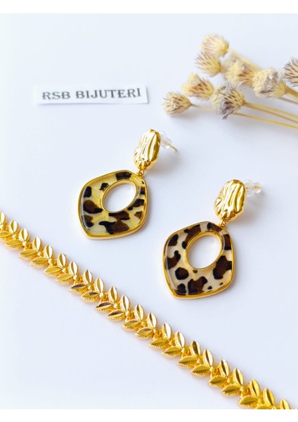Küpe Sallantılı Leopar ve Bileklik Yaprak Altın Kaplama 316 L Çelik 2'li Set + Hediye Paket fiyatları