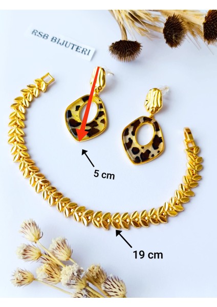 Küpe Sallantılı Leopar ve Bileklik Yaprak Altın Kaplama 316 L Çelik 2'li Set + Hediye Paket fırsatları