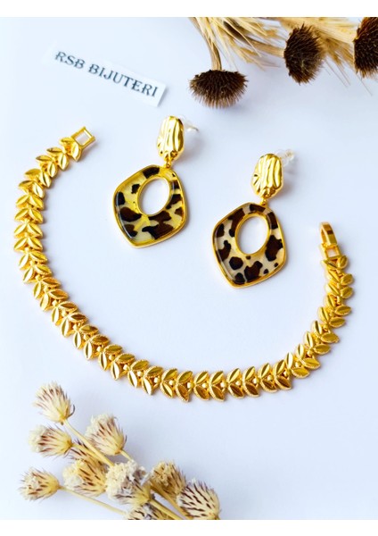 Küpe Sallantılı Leopar ve Bileklik Yaprak Altın Kaplama 316 L Çelik 2'li Set + Hediye Paket indirimleri