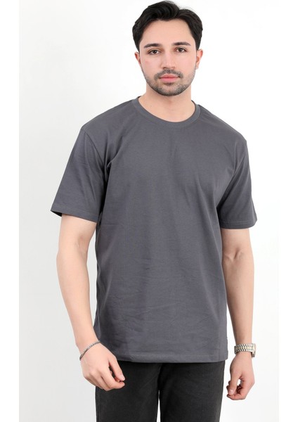 Erkek Bisiklet Yaka Basic Pamuklu T-Shirt Antrasit - 2271