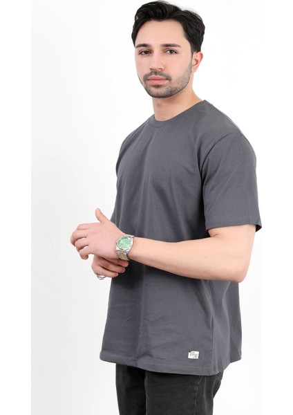 Erkek Bisiklet Yaka Basic Pamuklu T-Shirt Antrasit - 2271