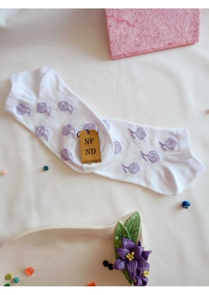 Burun Dikişsiz Çorap Pamuklu Kısa Konç Desenli Kadın Patik Çorabı 36-40 Tek Adet Beyaz Mavi