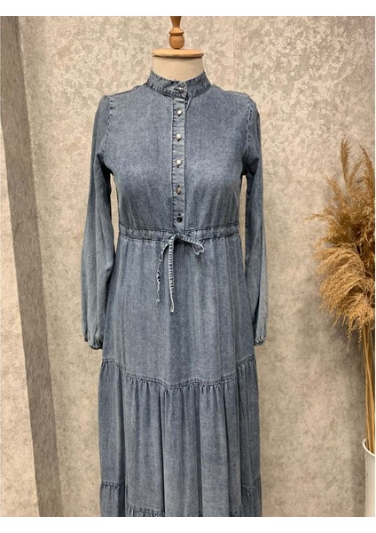25Y9435 Elbise Kot Denim Yarım Düğme Kapama - Patisca - 25Y9435 - Mavi - 38