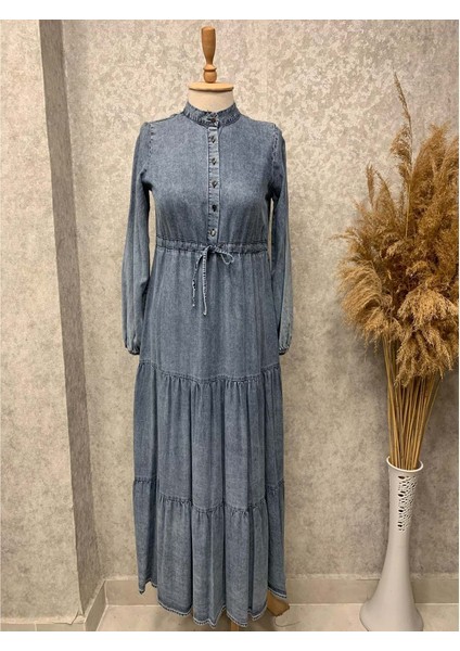 25Y9435 Elbise Kot Denim Yarım Düğme Kapama - Patisca - 25Y9435 - Mavi - 38