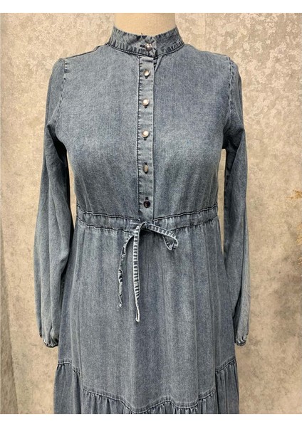 25Y9435 Elbise Kot Denim Yarım Düğme Kapama - Patisca - 25Y9435 - Mavi - 38