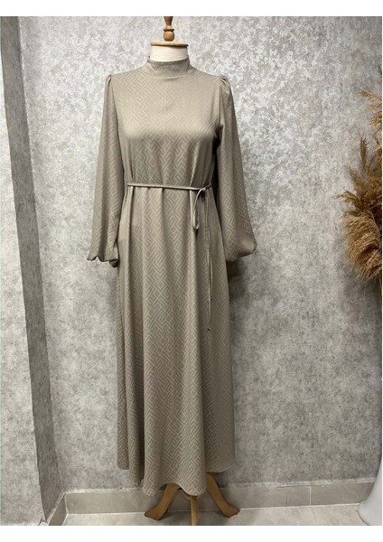 25Y9566 Elbise Kendinden Desenli Jakarlı - Patisca - 25Y9566 - Vizon - 44