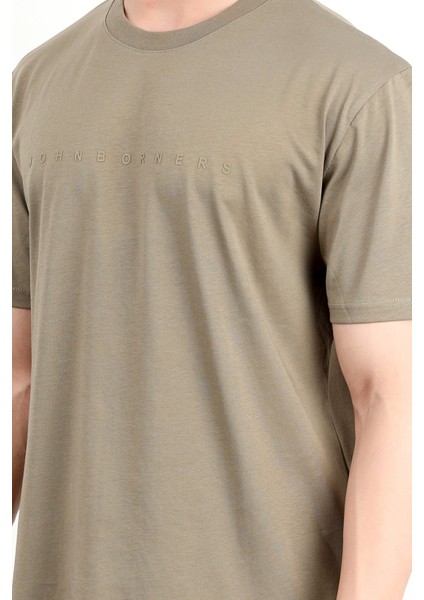 Erkek Bisiklet Yaka Marka Baskılı %100 Pamuklu T-Shirt Haki - 2271-6 fiyatları