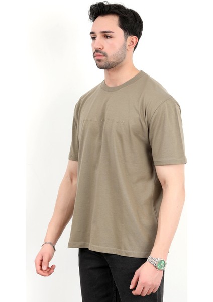 Erkek Bisiklet Yaka Marka Baskılı %100 Pamuklu T-Shirt Haki - 2271-6 modelleri
