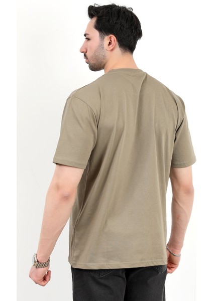 Erkek Bisiklet Yaka Marka Baskılı %100 Pamuklu T-Shirt Haki - 2271-6 fırsatları