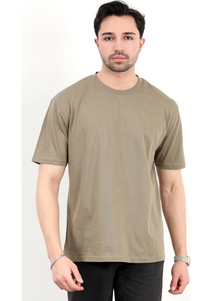 Erkek Bisiklet Yaka Marka Baskılı %100 Pamuklu T-Shirt Haki - 2271-6 indirimleri