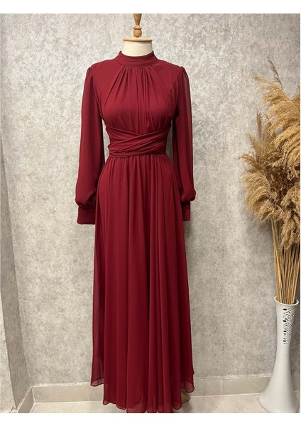 25Y9447 Elbise Abiye Şifon Önü Çapraz Bağlama Uzun - Patisca - 25Y9447 - Bordo - 40