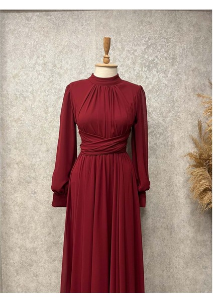 25Y9447 Elbise Abiye Şifon Önü Çapraz Bağlama Uzun - Patisca - 25Y9447 - Bordo - 40