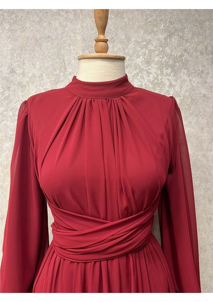 25Y9447 Elbise Abiye Şifon Önü Çapraz Bağlama Uzun - Patisca - 25Y9447 - Bordo - 40