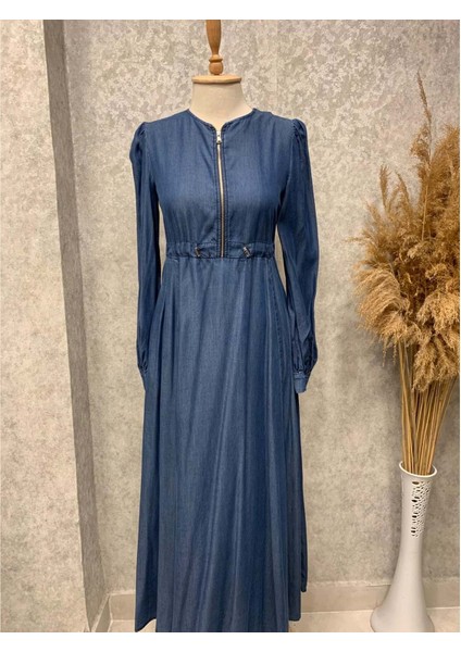 25Y9460 Elbise Ince Kot Yarım Fermuar Kapama Bel Büzgü Detay - Patisca - 25Y9460 - Orjinal - 40
