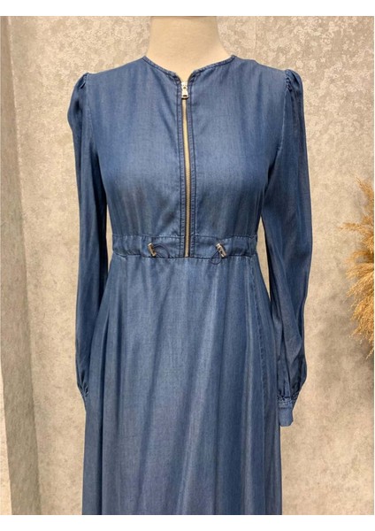 25Y9460 Elbise Ince Kot Yarım Fermuar Kapama Bel Büzgü Detay - Patisca - 25Y9460 - Orjinal - 40