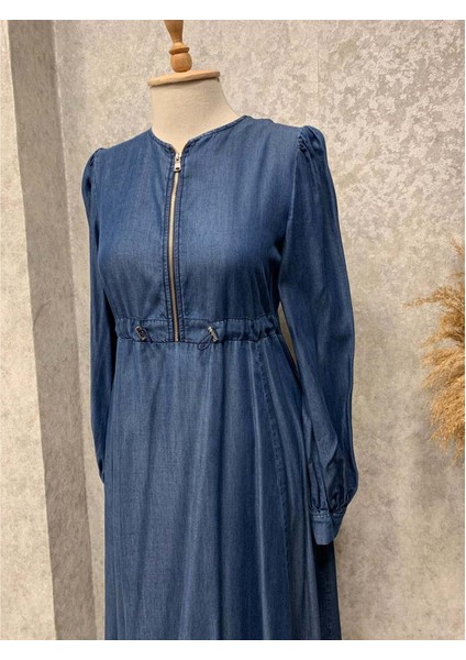 25Y9460 Elbise Ince Kot Yarım Fermuar Kapama Bel Büzgü Detay - Patisca - 25Y9460 - Orjinal - 40