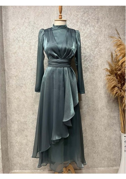 25Y9395 Elbise Abiye Janjan Kumaş Eteği Volanlı Beli Kuşaklı - Patisca - 25Y9395 - Yeşil - 42