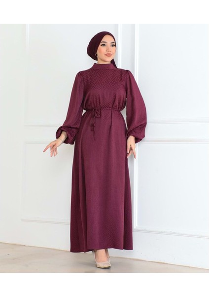 25Y9566 Elbise Kendinden Desenli Jakarlı - Patisca - 25Y9566 - Vişne - 38