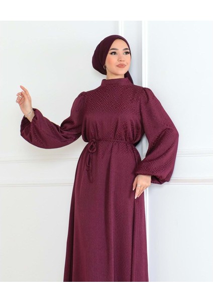 25Y9566 Elbise Kendinden Desenli Jakarlı - Patisca - 25Y9566 - Vişne - 38