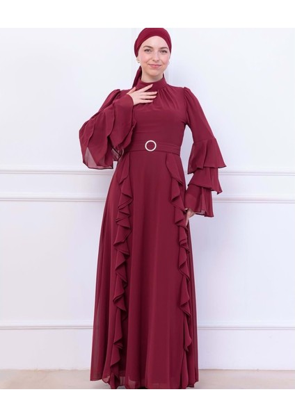 25Y9595 Elbise Abiye Şifon Fırfır Detay - Patisca - 25Y9595 - Bordo - 44