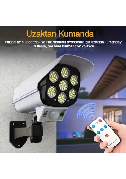 Güneş Enerjili Sensörlü Sahte Kamera Güvenlik Lambası Kırmızı Uyarı Işığı 77 LED