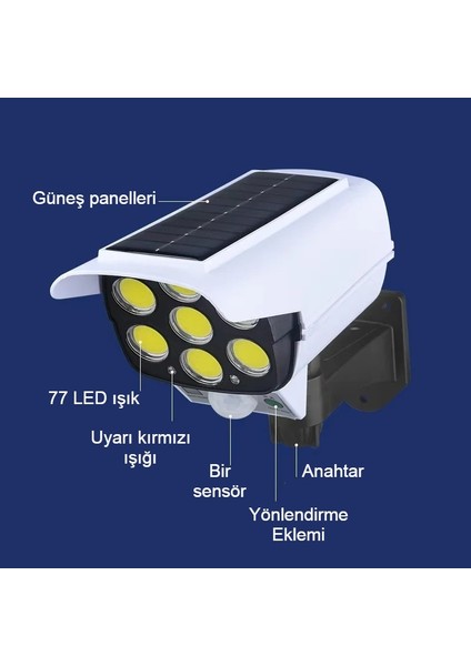 Güneş Enerjili Sensörlü Sahte Kamera Güvenlik Lambası Kırmızı Uyarı Işığı 77 LED