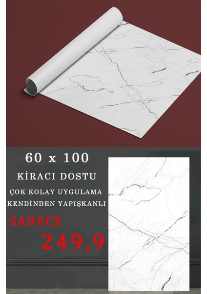 Siyah Damarlı Beyaz Mermer Desenli Yapışkanlı Yer Folyosu 60X100 cm Derz Belli Etmeyen Kalın Malzeme