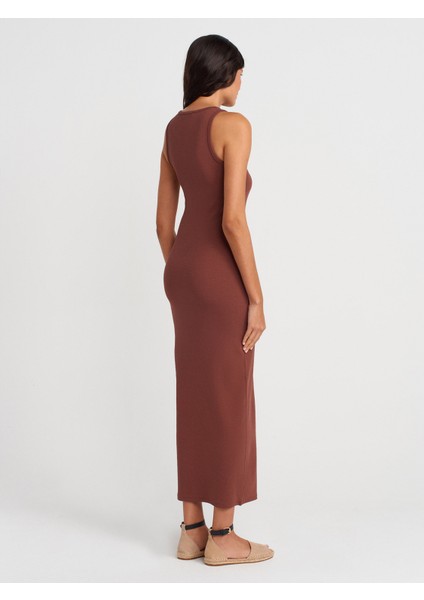 91467 Düğme Detaylı Maxi Boy Elbise-Kahve