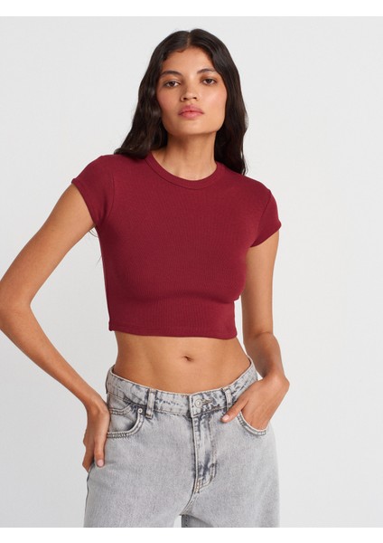 31810 Bisiklet Yaka Crop T-Shirt-Açık Bordo