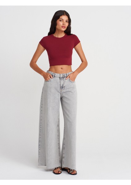 31810 Bisiklet Yaka Crop T-Shirt-Açık Bordo fırsatları